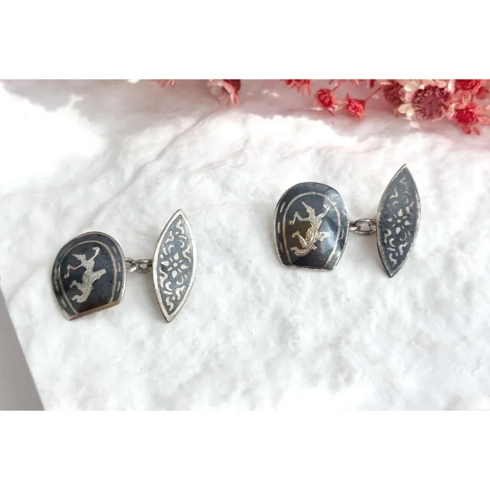 Siam Sterling Cufflink Black Horseshoe Nielloware Vintage Thai Made 925 Earrings